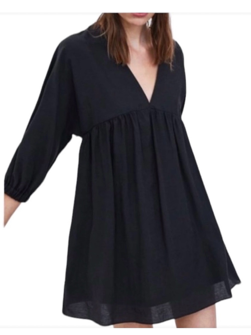 Zara Black V-Neck Long Sleeve Smock Dress